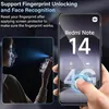 A hand holding a smartphone, with a graphic overlay demonstrating fingerprint and face recognition features. Produktbild-Vorschau