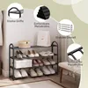 A collage of images showing a black four-tier shoe rack filled with shoes, along with close-up shots and diagrams highlighting features. Produktbild-Vorschau