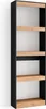 A tall, narrow bookshelf with black sides and light wood shelves against a white wall. Produktbild-Vorschau