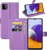 A purple wallet-style phone case for a Samsung Galaxy A22 5G is displayed from multiple angles, showing its card slots and money holder. Produktbild-Vorschau
