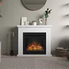 A white electric fireplace with a realistic flame effect is shown in a room with gray walls and a patterned rug. Produktbild-Vorschau