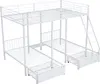 A white metal bunk bed with two lower beds and a top bunk, featuring a ladder and storage drawers. Produktbild-Vorschau