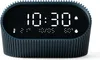 A digital alarm clock with a dark blue ribbed casing and a digital display showing the time, date, temperature, and humidity. Podgląd zdjęcia produktu