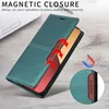 A teal flip wallet phone case is shown open, revealing a red phone screen. Red arrows indicate the magnetic closure feature. A small inset shows a close-up of the card slot with branding. A laptop is partially visible in the background. Produktbild-Vorschau