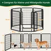 A diagram showing a dog playpen with dimensions, followed by a lifestyle shot of the playpen with dogs. Produktbild-Vorschau