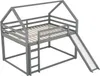 A grey wooden loft bed with a house-shaped frame, a ladder, and a slide, shown against a white background. Produktbild-Vorschau