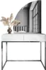 A white vanity table with a large curved mirror reflecting a bedroom interior. Produktbild-Vorschau