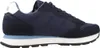 A side view of a navy blue sneaker with white accents and a black sole. Produktbild-Vorschau