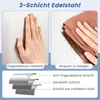 A collage of images demonstrating the features of a 3-layer stainless steel material, including fingerprint resistance and ease of cleaning, along with a diagram of the layers. Podgląd zdjęcia produktu