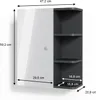 A white and gray medicine cabinet with shelves, shown with measurement annotations. Produktbild-Vorschau