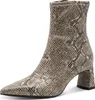 A single beige, gray, and black snake-print ankle boot with a pointed toe and block heel is shown against a white background. Produktbild-Vorschau
