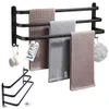 A black aluminum towel rack with three bars, holding three towels and two small cleaning brushes. A separate image of a similar towel rack is shown below. Anteprima dell’immagine prodotto