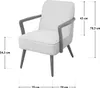 A white armchair with gray wooden accents, showing dimensions of the product. Produktbild-Vorschau