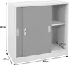 A white metal filing cabinet with gray sliding doors and shelves, shown with dimensions indicated by measurement lines and text. Produktbild-Vorschau