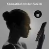 A silhouette of a woman looking at a smartphone, with a dotted overlay on her face indicating facial recognition. Produktbild-Vorschau