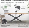A table with a metal base and wooden top, presented with illustrative callouts highlighting its features and dimensions. Náhľad obrázku produktu