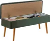 A green storage bench with its lid open, revealing various items inside. Produktbild-Vorschau