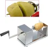 A spiral potato cutter is shown with a potato attached to the spindle, ready to be cut. Above, a close-up shows a potato being cut into a spiral. Náhľad obrázku produktu