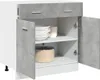 A white cabinet with gray concrete-effect doors and drawers, showing kitchenware inside. Produktbild-Vorschau