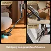 Collage of images showing a cordless vacuum cleaner in different use cases: cleaning under furniture, cleaning upholstery with a mini brush, and cleaning tight spaces in a car. Produktbild-Vorschau