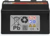 A black battery with various warning and recycling symbols on a label. Produktbild-Vorschau