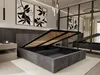 A modern bedroom with a grey upholstered bed frame with its storage compartment open, revealing wooden slats. Produktbild-Vorschau