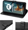 A collage of images showing a black flip phone case for a Motorola Moto G05 / Moto E15. The main image shows the phone inside the case, displaying the Motorola logo and 'moto g05' text. Two smaller inset images show close-ups of the case's texture and clas Produktbild-Vorschau