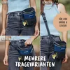 Collage showing a blue dog treat pouch being worn in multiple ways: on a belt, over the shoulder, and around the waist/stomach. Text indicates different wearing options and suitability for all sizes. Produktbild-Vorschau