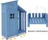 A blue wooden garden shed with an inset showing improved air circulation. Voir les images du produit