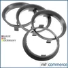 Four dark gray centering rings are arranged in a cluster against a white background. The rings are slightly angled, showing their circular shape and the notches on their inner edges. A logo and text indicating 'MADE IN GERMANY' are present in the lower-lef Produktbild-Vorschau