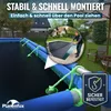 A person is shown covering a pool with a solar cover, with the pool and surrounding garden visible. Text overlays highlight product features. Produktbild-Vorschau
