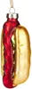 A glass ornament shaped like a hot dog hanging from a chain. Produktbild-Vorschau