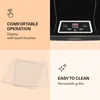 A collage image showcasing product features of a food dehydrator. One panel shows the control panel, another shows the racks, and two panels describe comfort of operation and ease of cleaning. Náhľad obrázku produktu