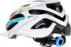 A white bicycle helmet with a colorful geometric pattern on the front, shown from a side angle. Náhľad obrázku produktu