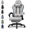 A gaming chair is displayed in multiple colors on the left side of the image, with a close-up of the gray version on the right. Náhľad obrázku produktu