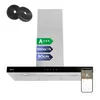 A product shot of a range hood with accompanying accessories and informational graphics. Náhľad obrázku produktu