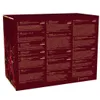 The back of a dark red gift box with gold lettering listing the contents of a beauty advent calendar. Produktbild-Vorschau