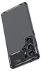 A black smartphone case with a carbon fiber texture is shown diagonally against a white background. Produktbild-Vorschau
