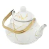 A white teapot with gold marbling and a gold handle, shown against a white background. Podgląd zdjęcia produktu