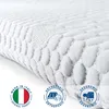 A close-up of a white mattress topper with textured patterns, featuring two circular badges at the bottom. Produktbild-Vorschau