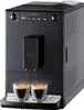 A black Melitta Caffeo Solo E 950-222 coffee machine is shown from the front, brewing two cups of espresso into clear glass cups. Produktbild-Vorschau