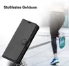 A black flip case for a phone is shown in the foreground, with a blurred image of a person running in the background. Produktbild-Vorschau