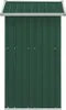 A front view of a green metal storage shed with a gray roof trim. Produktbild-Vorschau