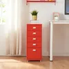 A red filing cabinet with five drawers is shown in an office setting, next to a white desk and in front of a window with white curtains. Náhľad obrázku produktu