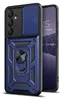 A blue and black rugged phone case with a camera cover and a ring holder is shown on a white background next to a smartphone. Produktbild-Vorschau