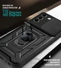 A black phone case with a ring stand and camera cover is shown at an angle. Produktbild-Vorschau