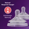 Close-up of two Philips AVENT Natural Response nipples against a purple background, with text and a circular graphic indicating flow rate. Produktbild-Vorschau