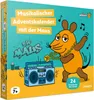 The image shows the front of a "Musikalischer Adventskalender mit der Maus" (Musical Advent Calendar with the Mouse) box. A cartoon mouse character is depicted in a hip-hop style, wearing a large gold chain and dancing next to a boombox. The background fea Náhľad obrázku produktu