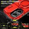A red phone case is shown with graphics illustrating its protective features against drops. Produktbild-Vorschau