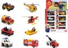 A collage of various toy rescue vehicles and a display box of smaller rescue vehicles, all related to the Fireman Sam brand. Náhled obrázku produktu